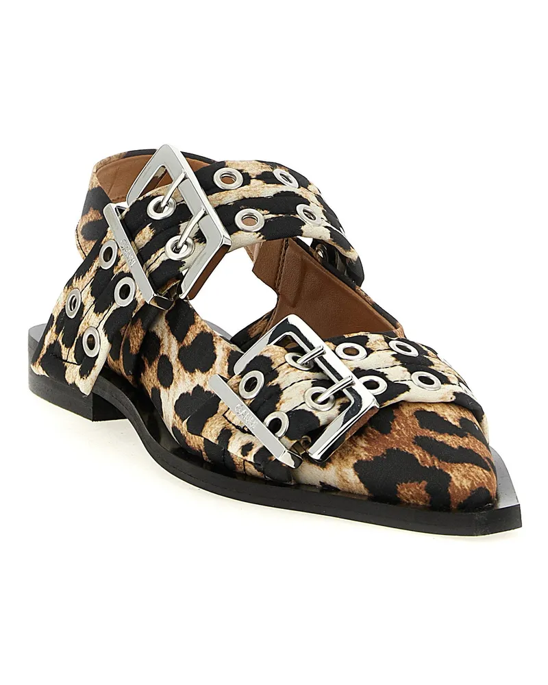 Ganni Leopard-Print Satin Buckle Slingback Flat — Leopard Leopard