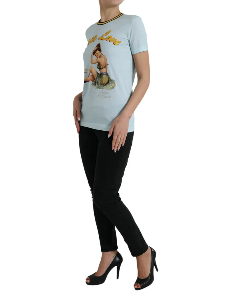 Dolce & Gabbana Women's Light Blue Cotton Free Love Crew Neck T-Shirt Blue