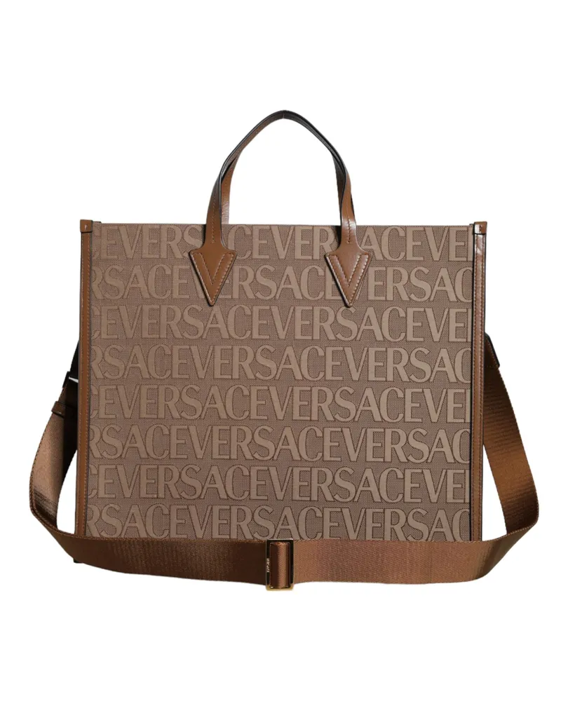 Versace Women's Brown Top Handle Jacquard Leather Logo Crossbody Tote Bag Co Vl Brown