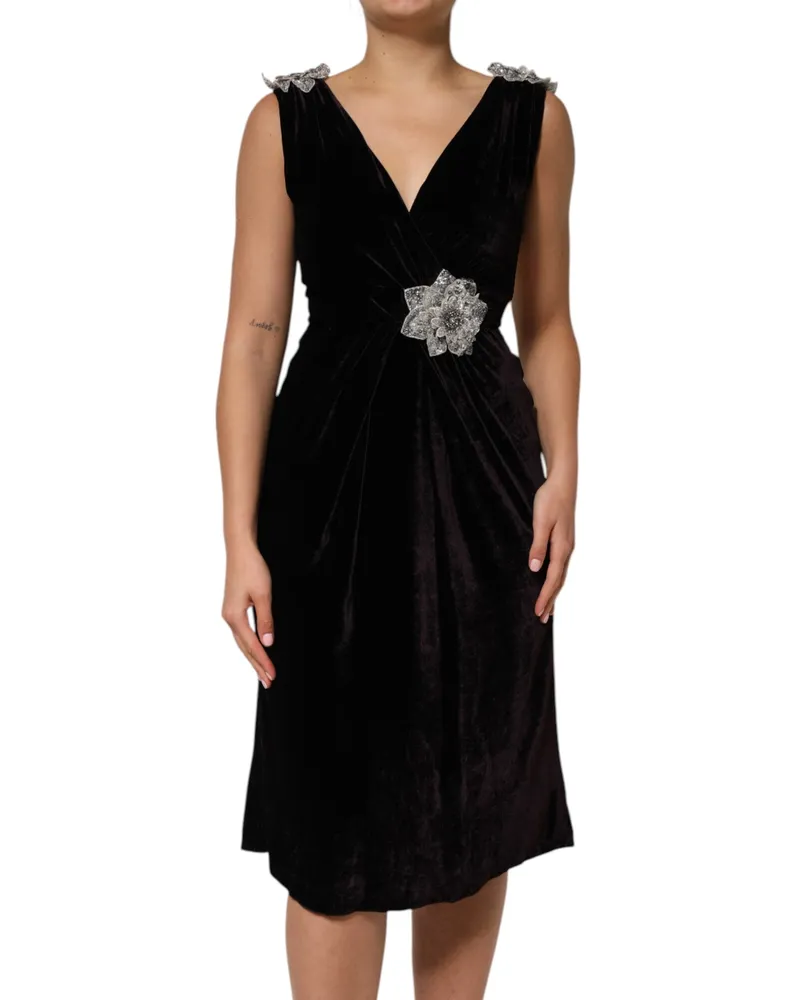Dolce & Gabbana Women Black Velvet Flower Embellishment Aline Dress Viscose (rayon Black