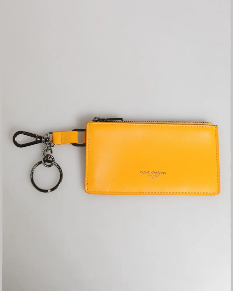 Dolce & Gabbana Men's Yellow Orange Leather Credit Card Key Holder Clip On Wallet Calf Yellow