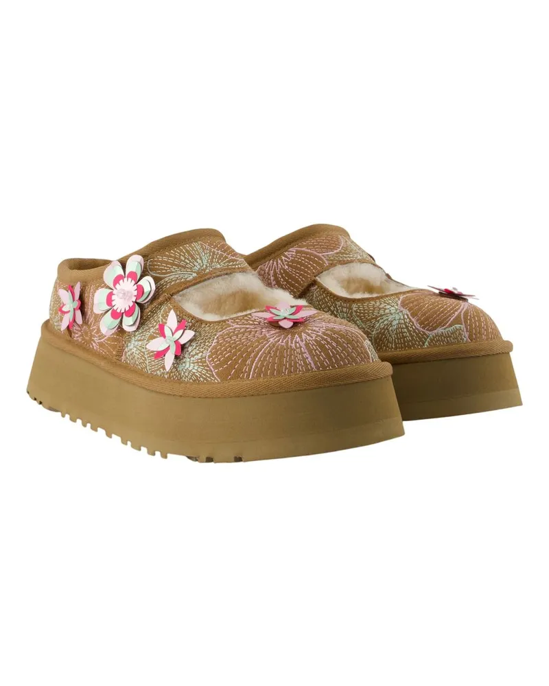 UGG Women's Bea Mary Jane Meadow Slides -  Leather Brown Calfskin Shoes Flat-Shoes Brown