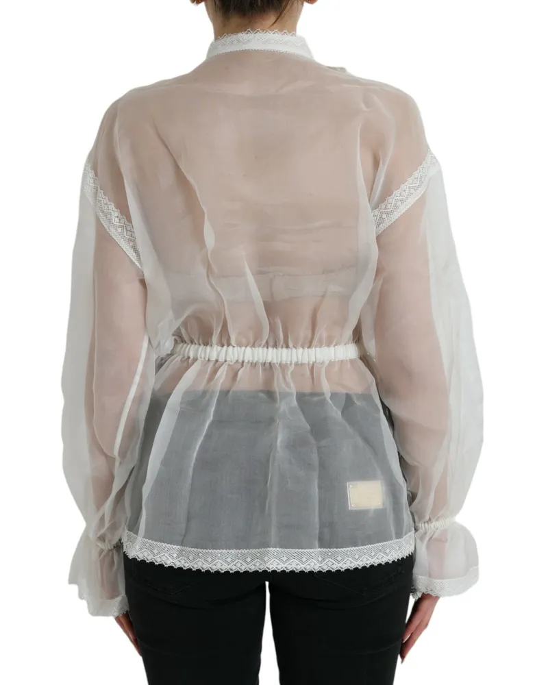 Dolce & Gabbana Women's White Silk Long Sleeves Ascot Collar Top Cotton White