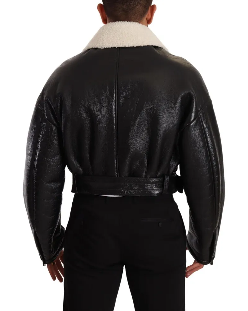 Dolce & Gabbana Men's Black Leather Shearling Biker Coat Jacket Clothing Black