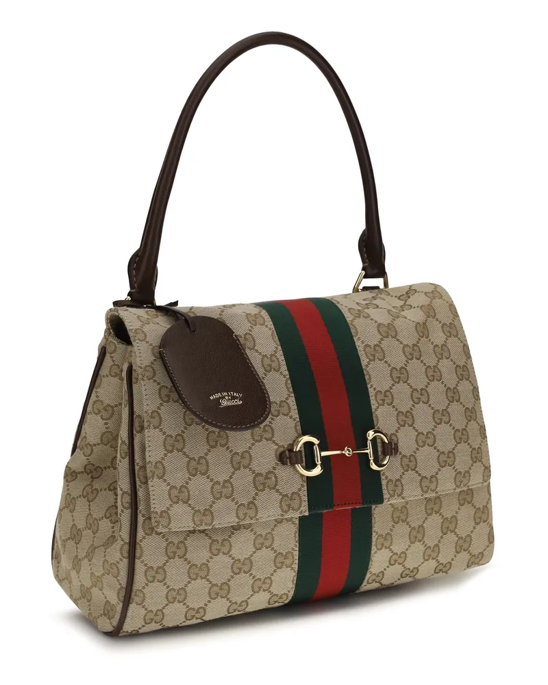 Gucci Women's Medium Paparazzo Handbag Vint.sand-Dk.bro-Vrv Polyester; Cotton; Polyamide Handbags Vint.sand/dk.bro/vrv Hand Bags Beige
