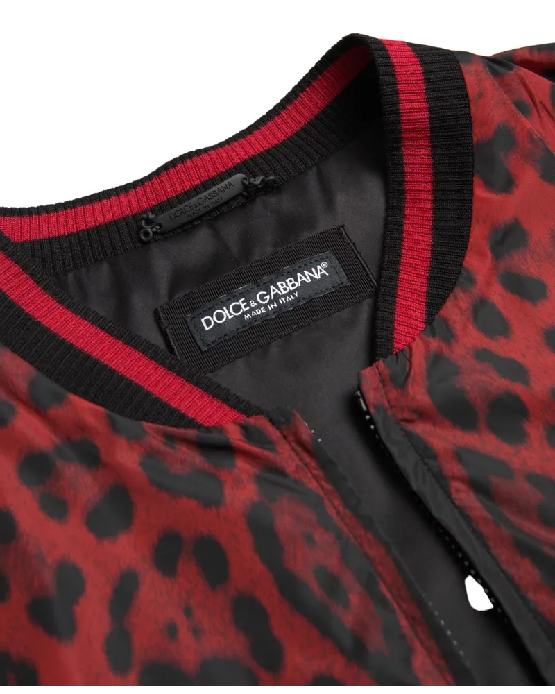 Dolce & Gabbana Men's Red Leopard Bomber Short Coat Jacket Nylon Red
