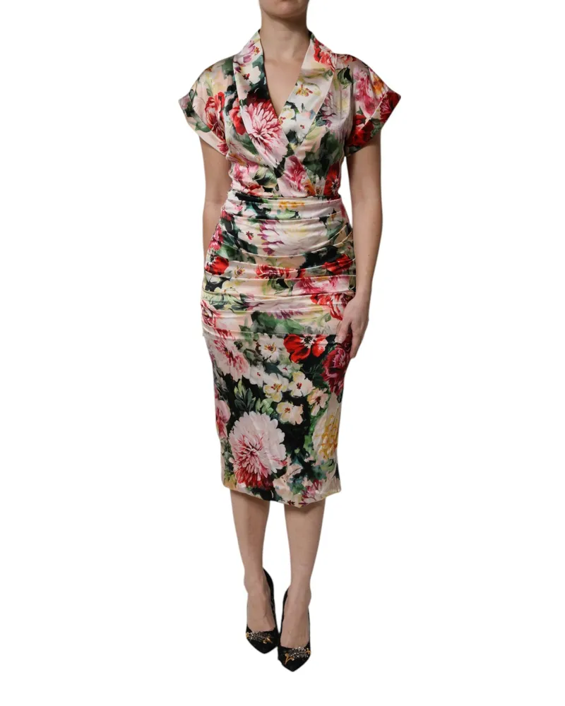 Dolce & Gabbana Women Multicolor Floral Short Sleeves Sheath Midi Dress Silk Elastane Multicolor