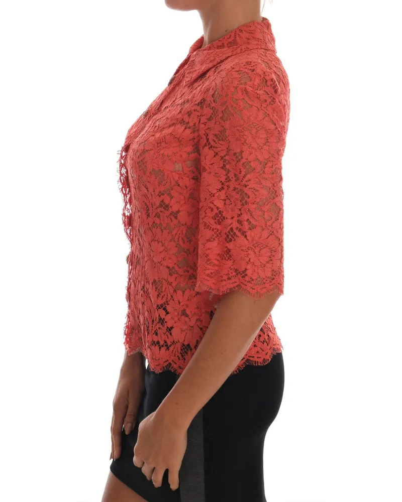 Dolce & Gabbana Women's Orange Crystal Buttons Floral Lace Blouse Cotton Orange