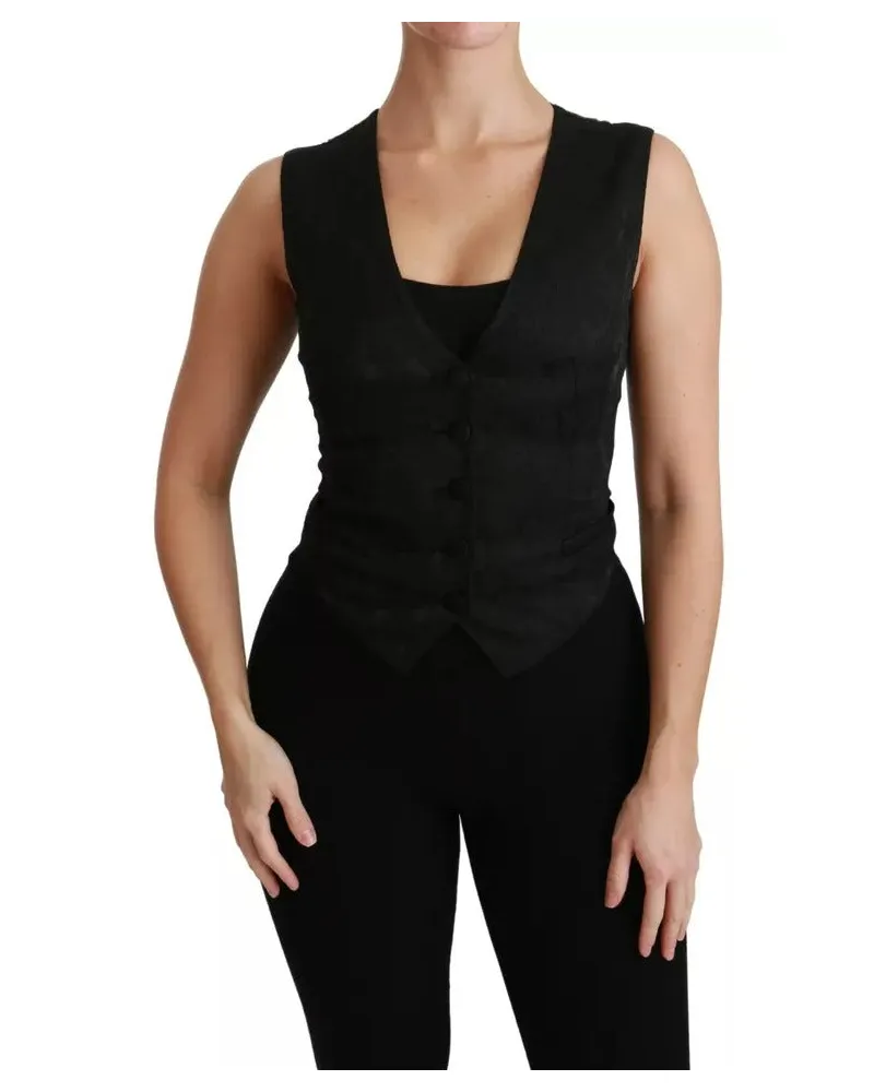 Dolce & Gabbana Women Black Lace Waistcoat Slim Vest Silk Top Black