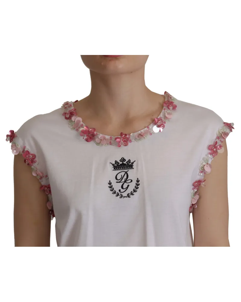 Dolce & Gabbana Women's White Dg Crown Floral Sequin T-Shirt Cotton White