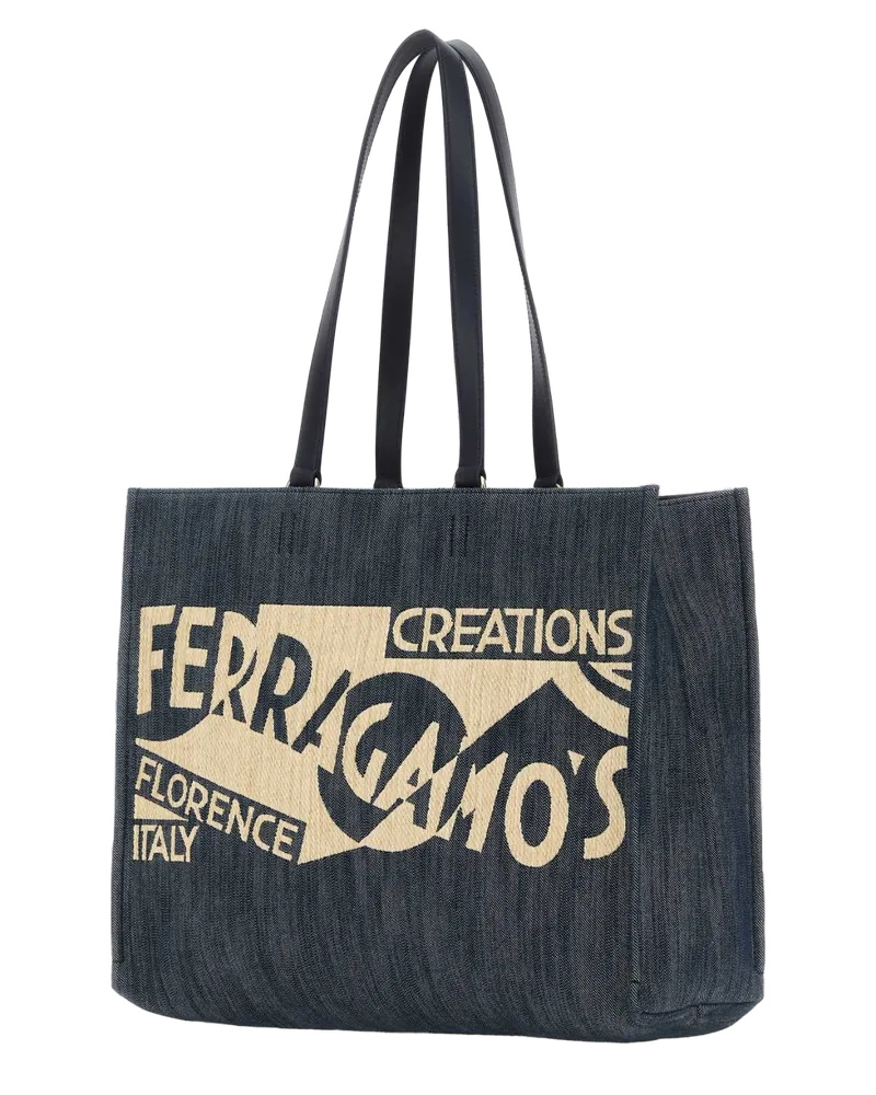Ferragamo Women's Blue Denim Large Tt Sign Shopping Bag Denimnaturale Borse A Mano Blue
