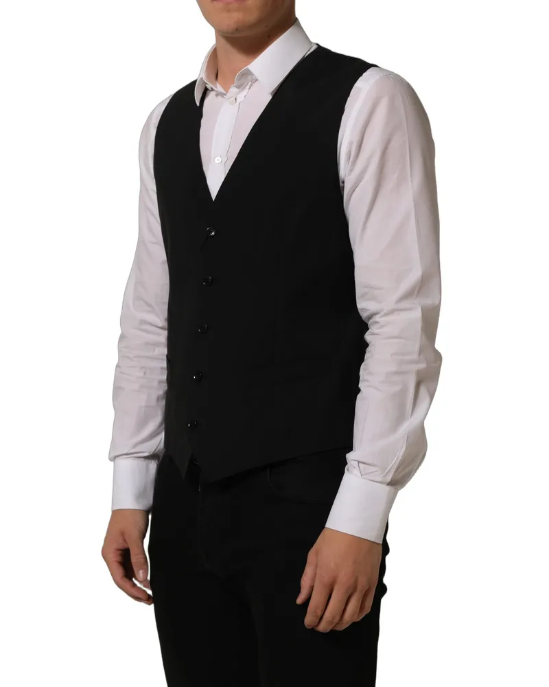 Dolce & Gabbana Men's Black Wool Stretch Waistcoat Formal Dress Vest Virgin Elastane Black