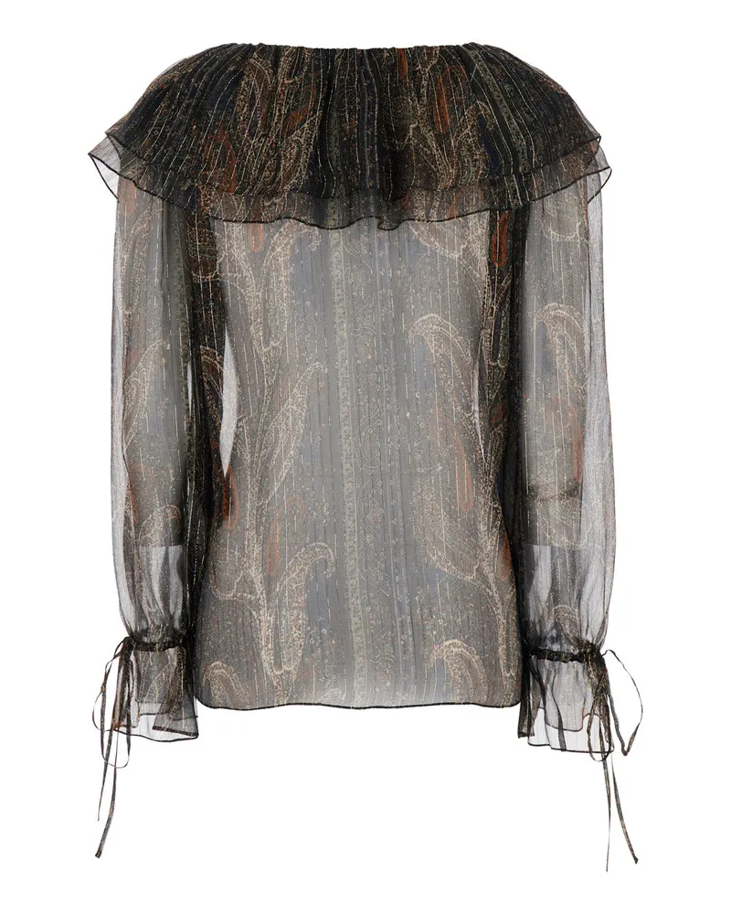 Saint Laurent Women's Multicolor Off-Shoulder Blouse With Poet Sleeves Silk Blouses Shirt Multicolor