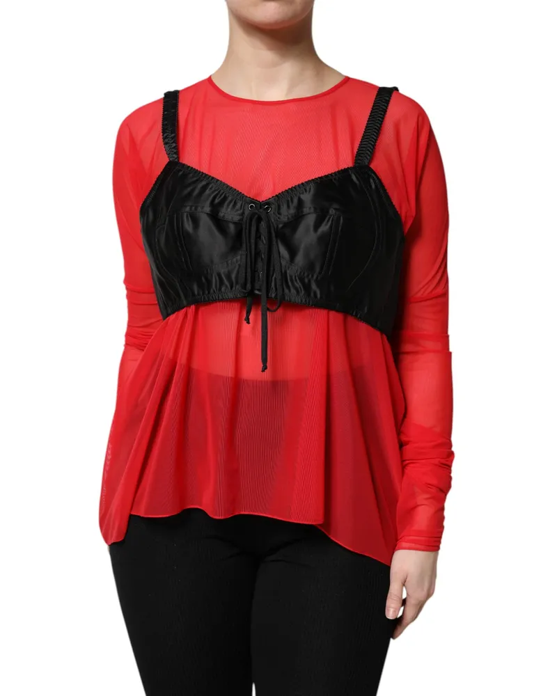 Dolce & Gabbana Women Red Black Bustier Detailing Long Sleeves Top And Nylon Elastane Red