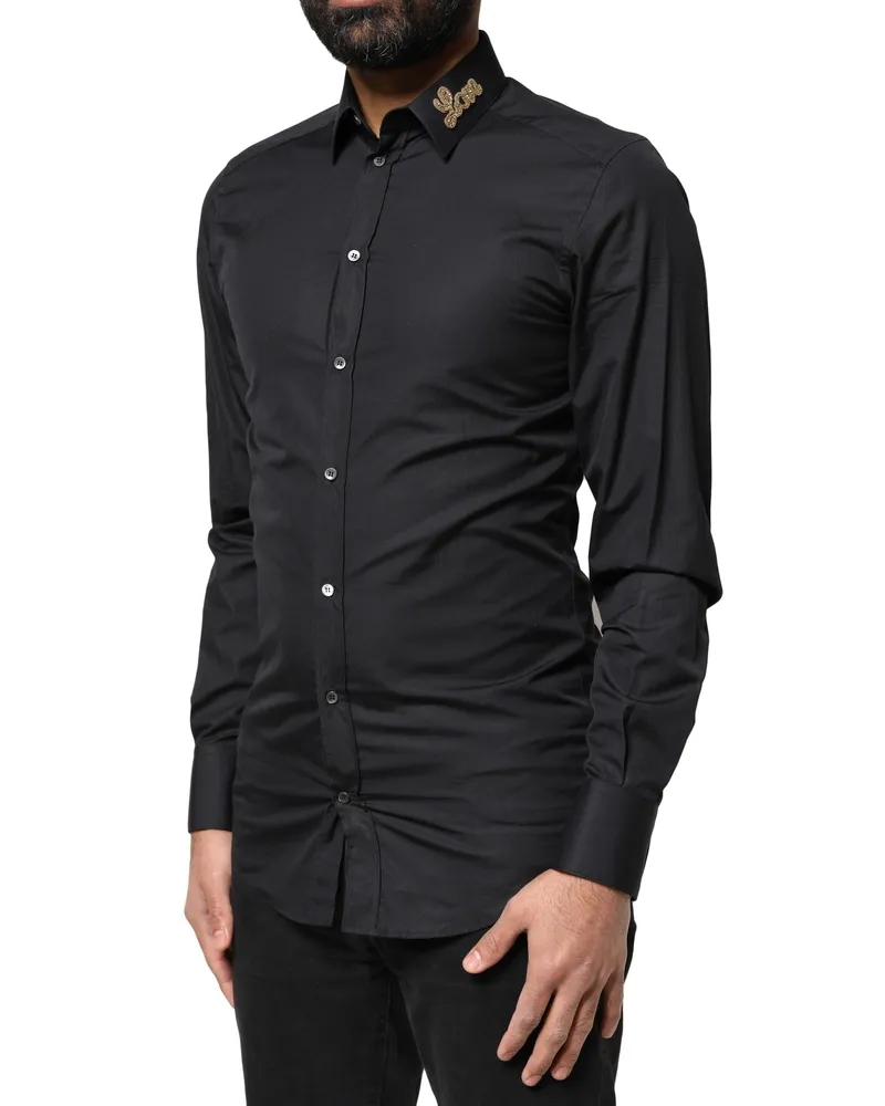 Dolce & Gabbana Men's Black Love Embroidery Gold Formal Dress Shirt Cotton Black
