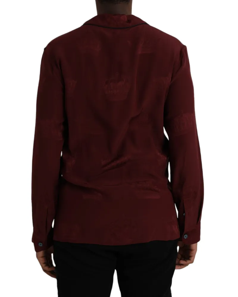 Dolce & Gabbana Men Maroon Crown Jacquard Silk Long Sleeve Shirt Maroon