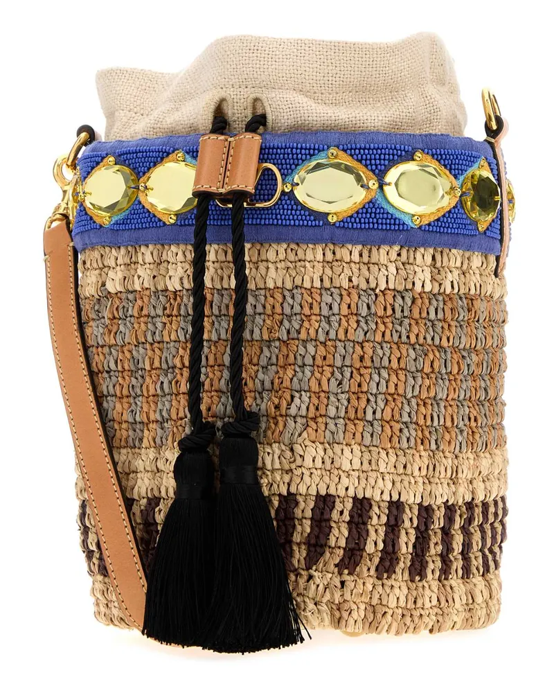 Valentino Garavani Women's Embroidered Raffia Vlogo Signature Bucket Bag Multicbeigemulticlblnatncamelner Borse A Secchiello Multicolor
