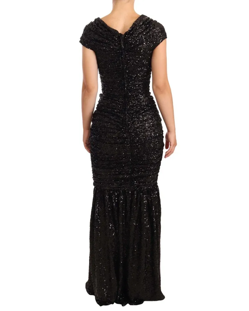 Dolce & Gabbana Women's Black Sequined Open Shoulder Long Gown Dress Polyester Black