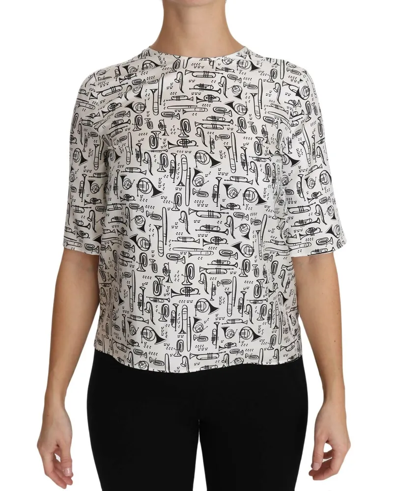 Dolce & Gabbana Women's White Musical Instruments Print Blouse Silk White