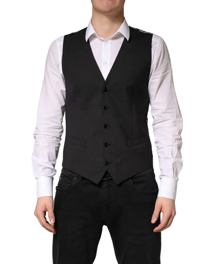 Dolce & Gabbana Black Wool Dress Men Formal Waistcoat Vest Virgin Elastane Black