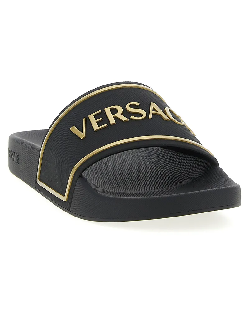 Versace Logo Embroidered Slides — Black Black