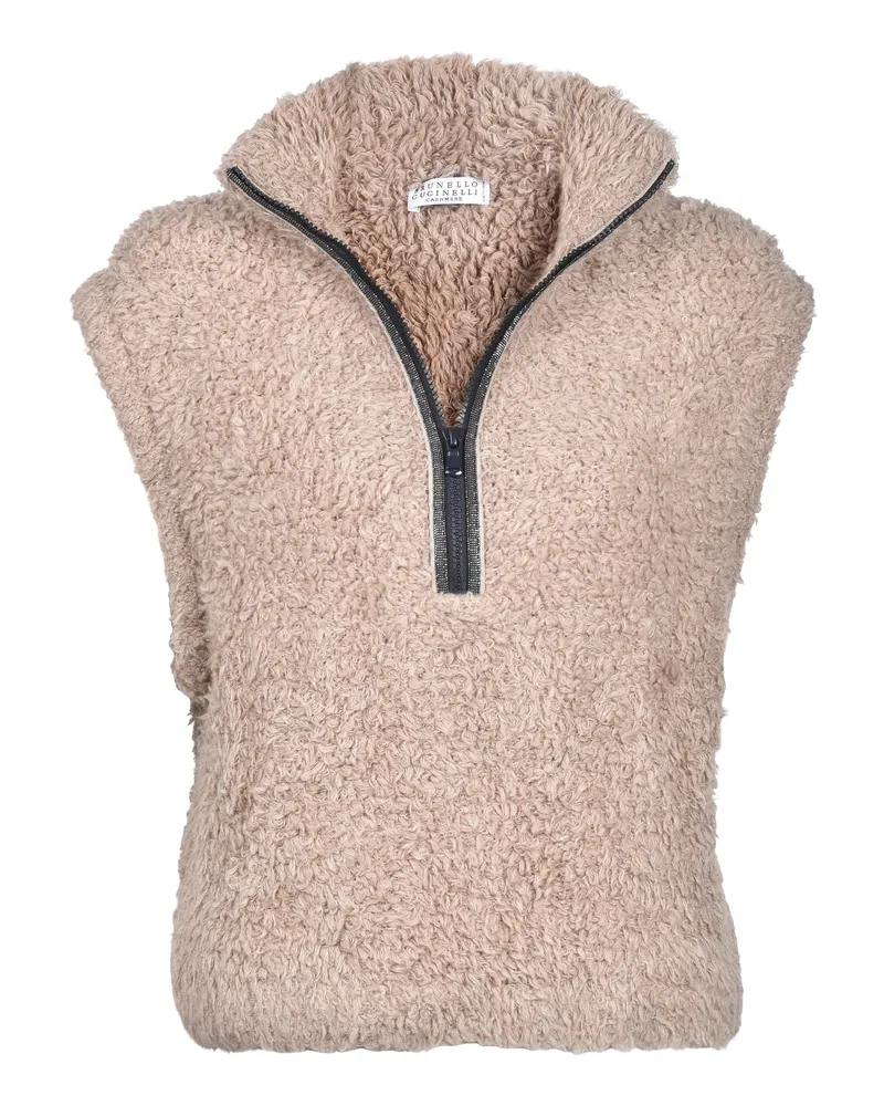 Brunello Cucinelli Wool-Blend Fleece Zip Tank Top — Brown Brown