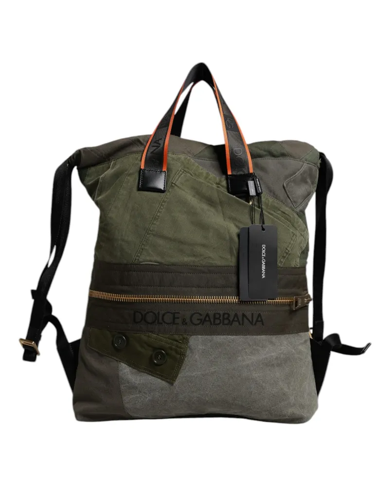 Dolce & Gabbana Men's Military Green Patchwork Rucksack Backpack Bag Cotton Calf Leather Nylon Green