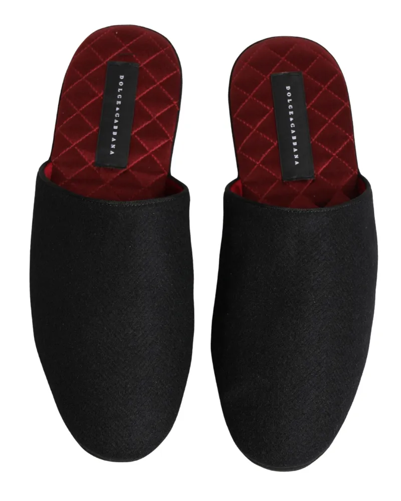 Dolce & Gabbana Men's Black Wool Cashmere Red Quilted Slippers Shoes Black