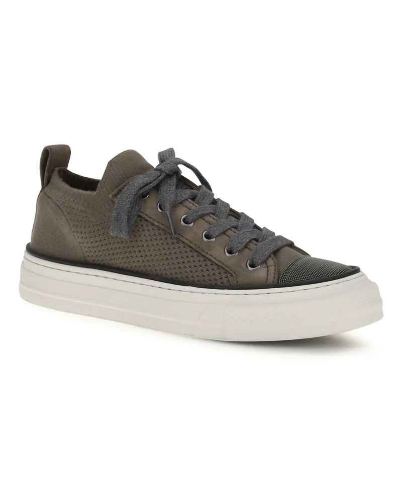 Brunello Cucinelli Cotton Knit and Suede Sneaker — Brown Chocolate