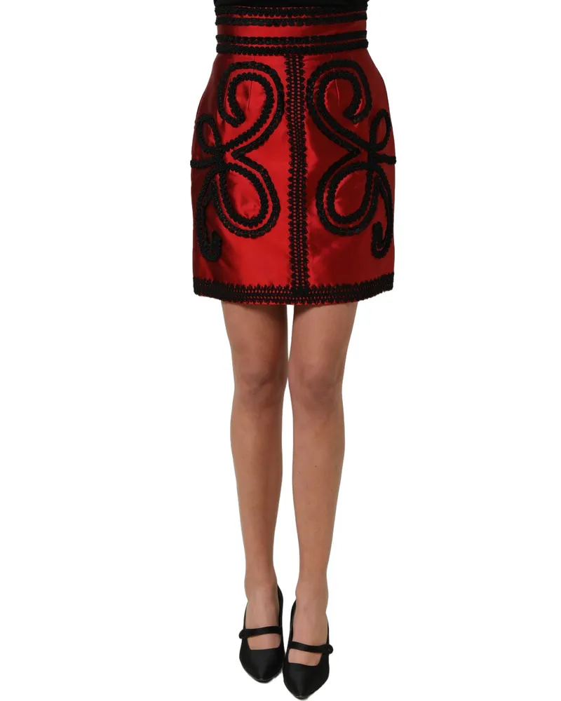 Dolce & Gabbana Women's Red Soutache Embroidery A-Line Mini Skirt Silk Viscose Cotton Polyester Red