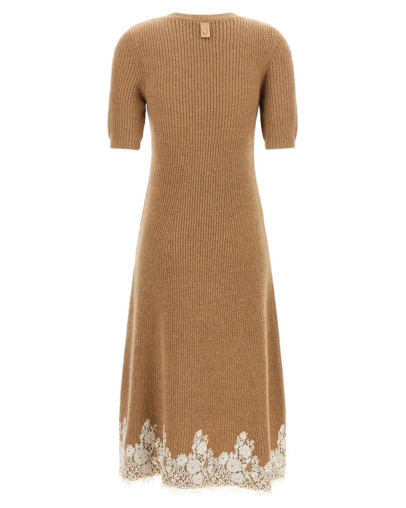 Alberta Ferretti Lace-Trimmed Ribbed Knit Dress — Camel Camel