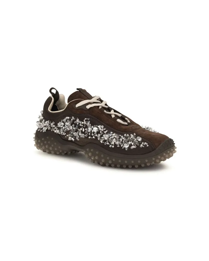 Miu Miu Crystal-Embellished Suede Sneakers — Brown 