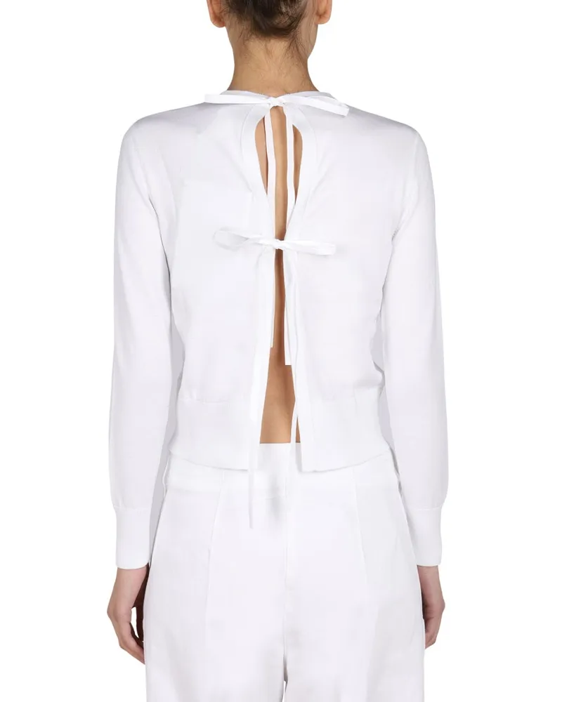 Patou Swirl Back Bow Jersey Knit Sweater — White White