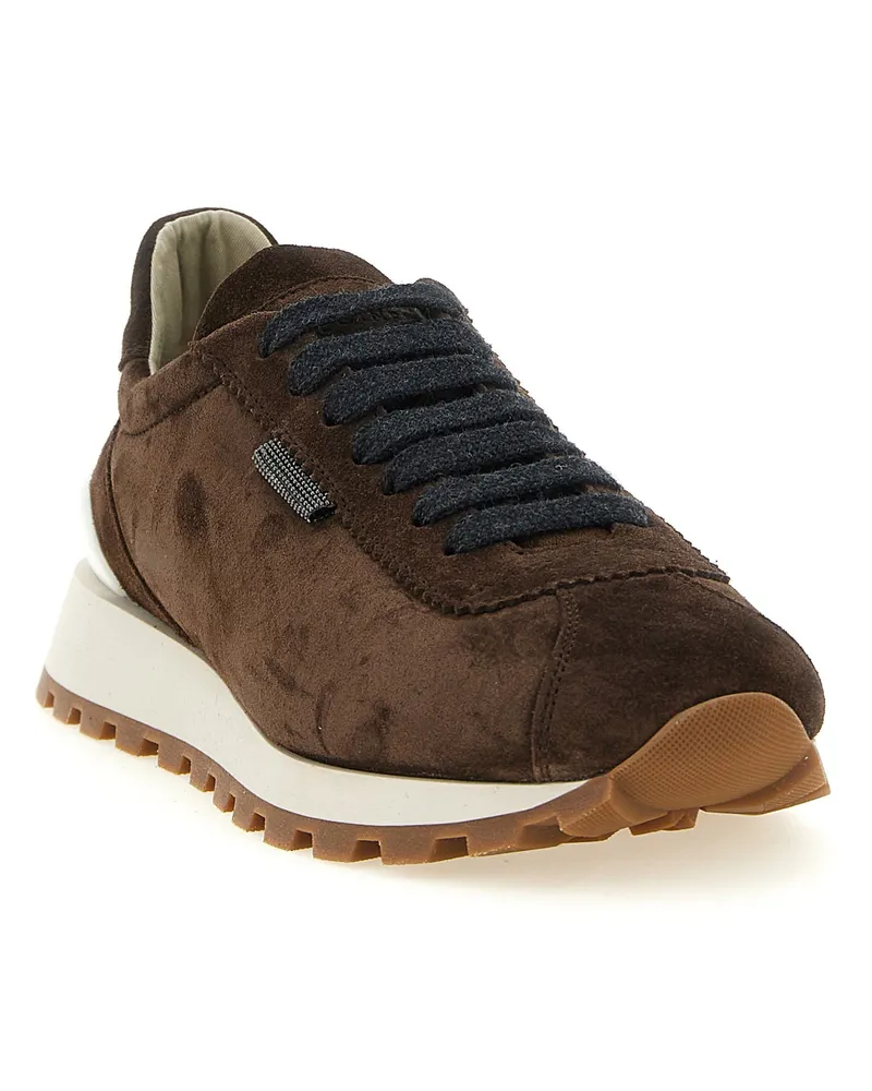 Brunello Cucinelli Suede with Jewelled Tab Sneaker — Brown Brown