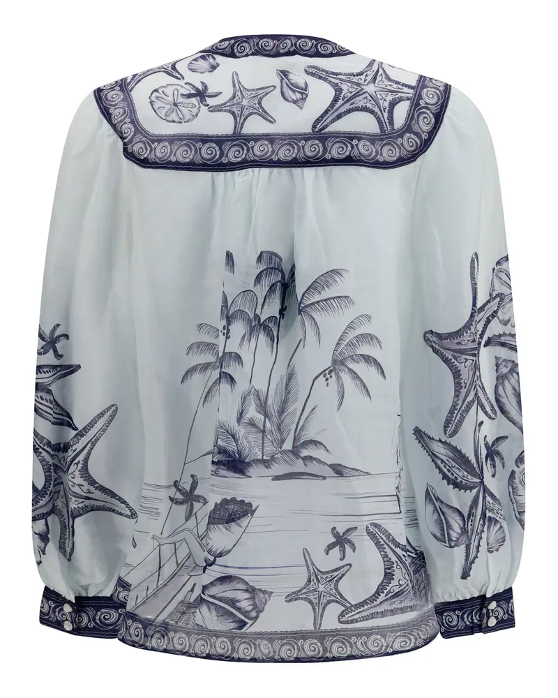 FARM Rio Women's Seaside Print Blouse Coast Scarf Off-White Ramie Shirt White