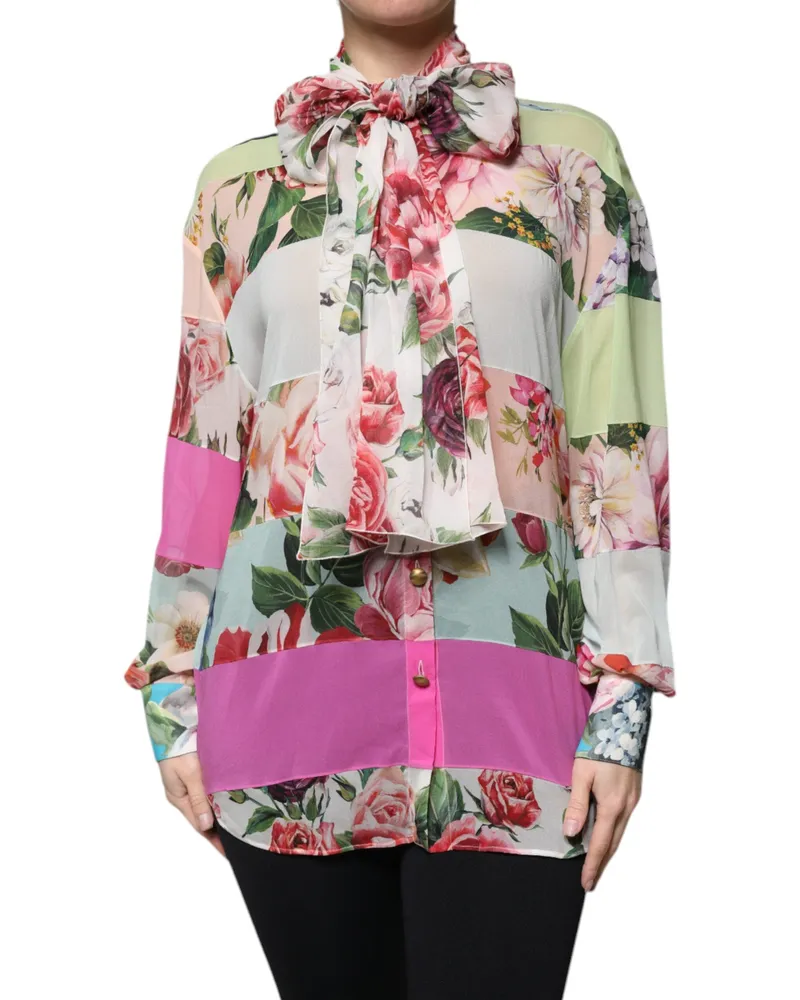 Dolce & Gabbana Women's Multicolor Floral Patchwork Ascot Collar Top Silk Elastane Multicolor