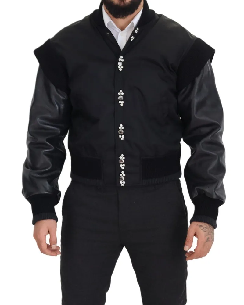 Dolce & Gabbana Men Black Nylon Crystals Coat Buttons Jacket Clothing Black