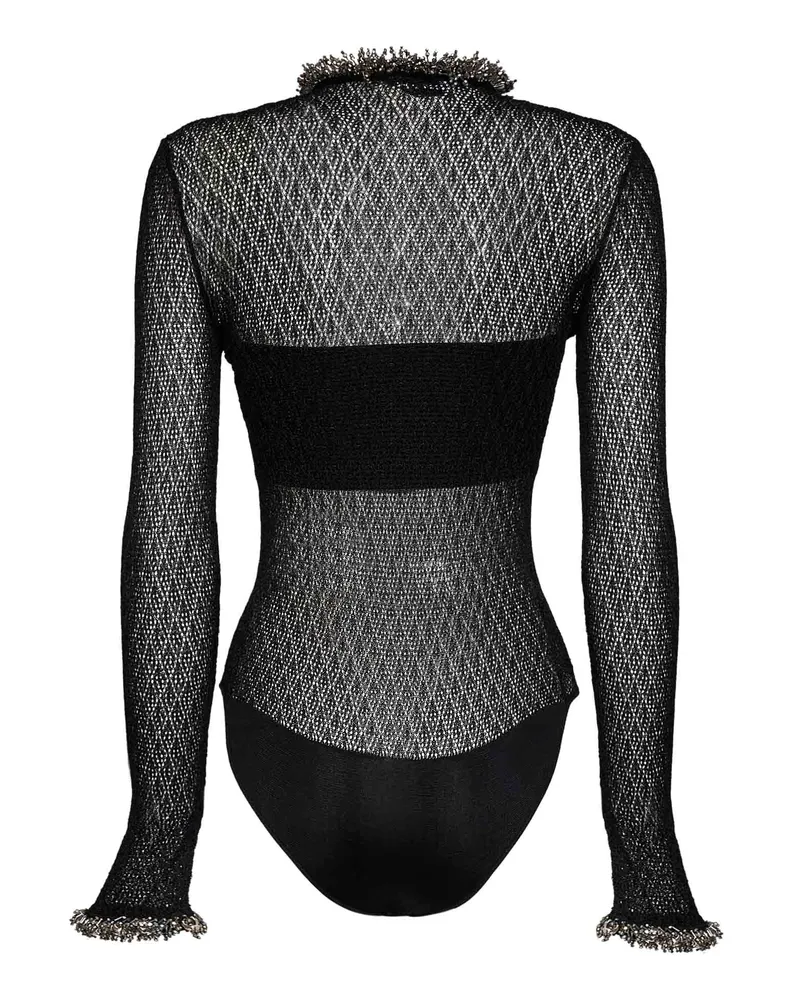 Self-Portrait Pointelle Knit With Bead Detail Bodysuit — Black Black