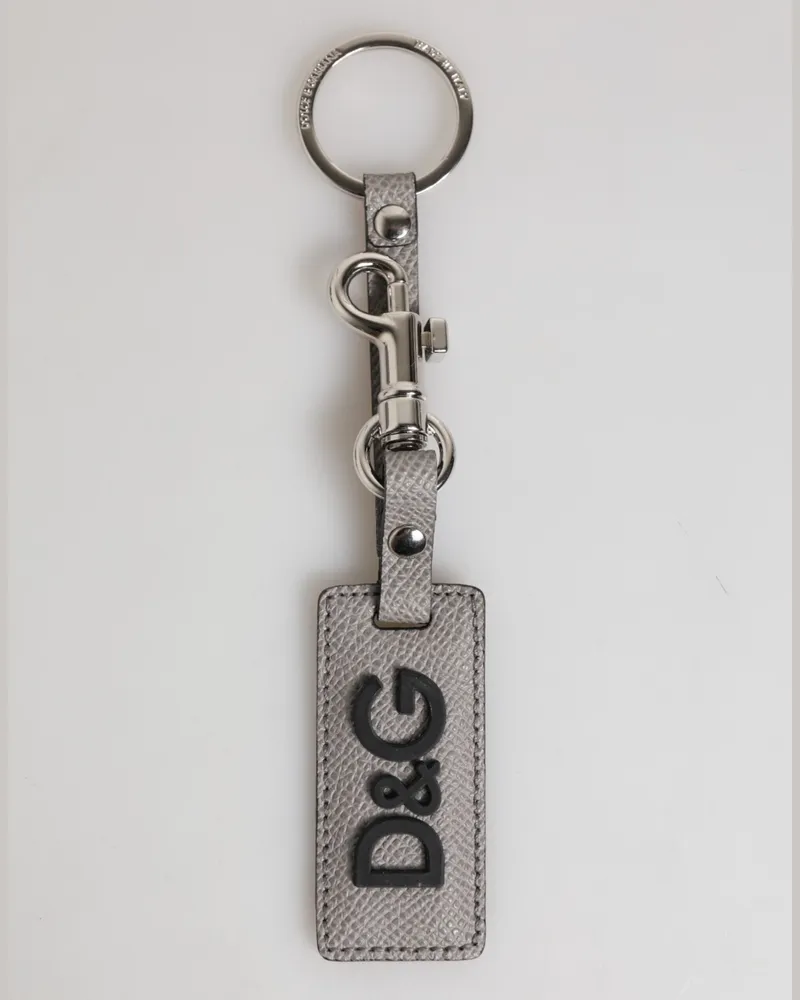 Dolce & Gabbana Gray Leather Logo Metal Ring Keychain Holder Men Keyring Calf Gray