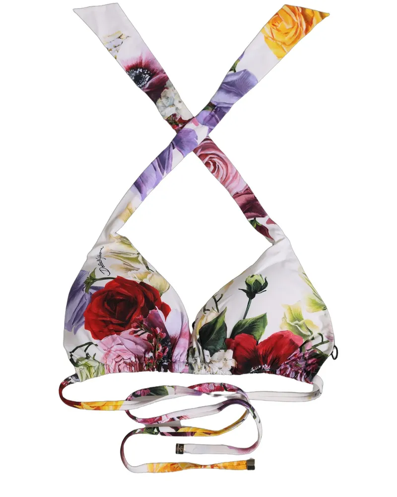 Dolce & Gabbana Women White Floral Print Triangle Beachwear Bikini Top Nylon Elastane White