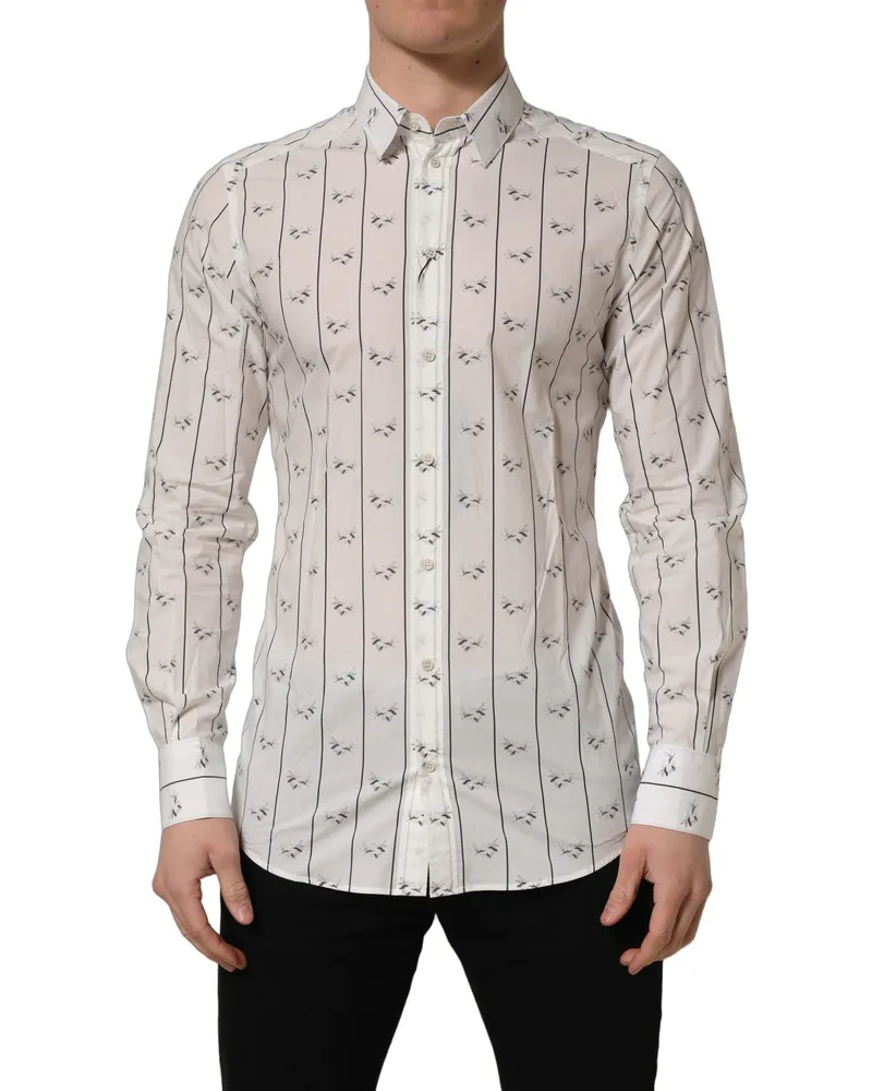 Dolce & Gabbana Men's White Bee Print Cotton Gold Fit Dress Shirt White