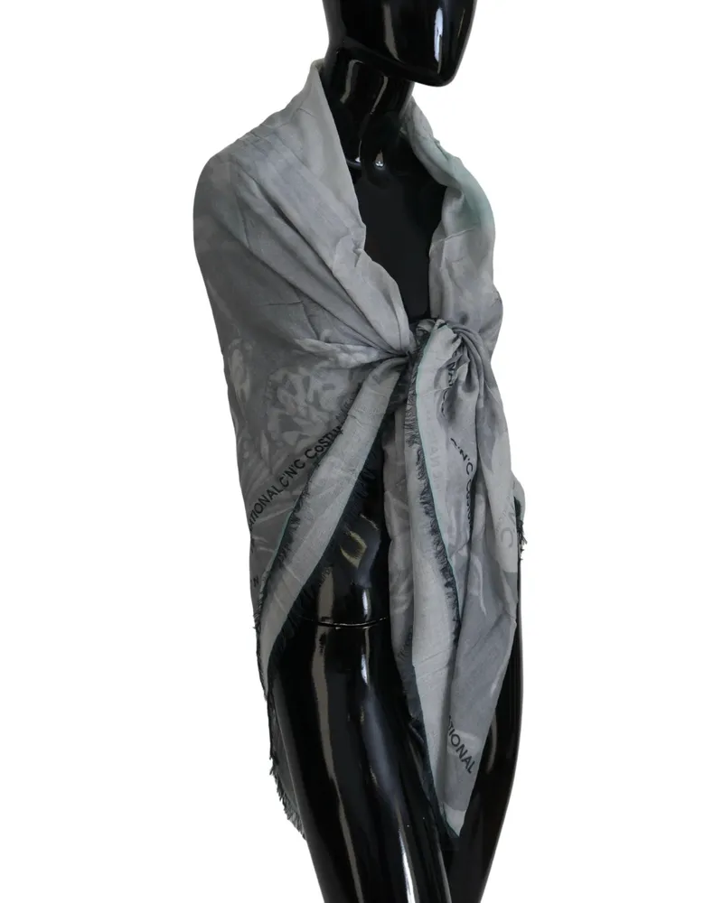 CoSTUME NATIONAL Women's Gray Print Shawl Foulard Fringes Scarf Cotton Gray