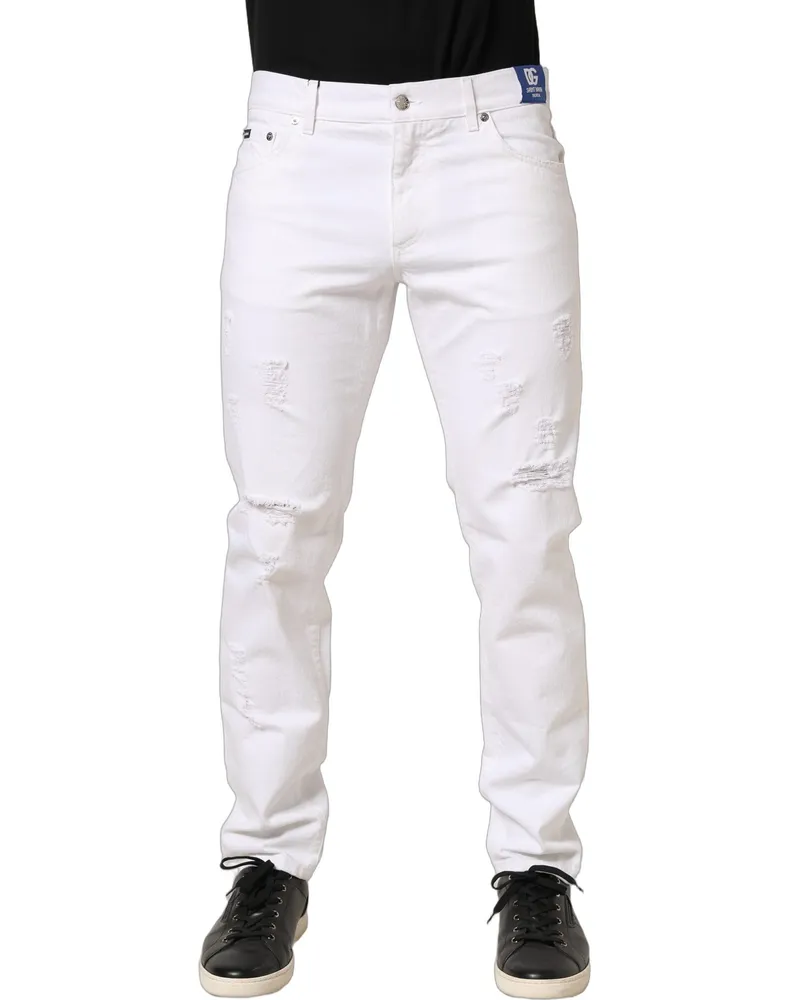 Dolce & Gabbana White Cotton Ripped Slim Fit Men Denim Jeans Elastane Clothing White