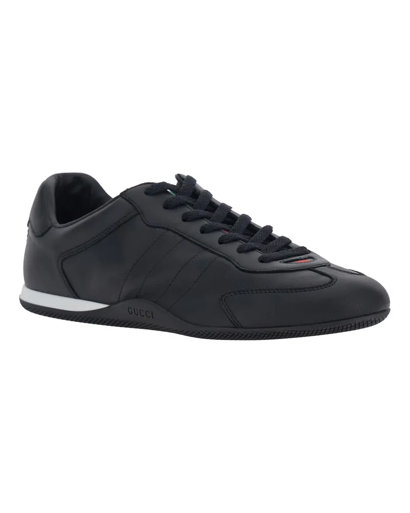 Gucci Men's Low Top Sneakers Web Detail Black Leather Calf Trainers Black
