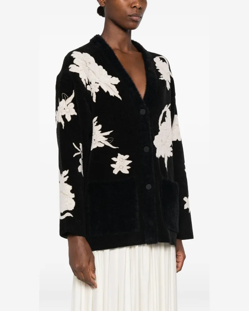 forte_forte Floral Embroidery Jacquard Cardigan — Black Black