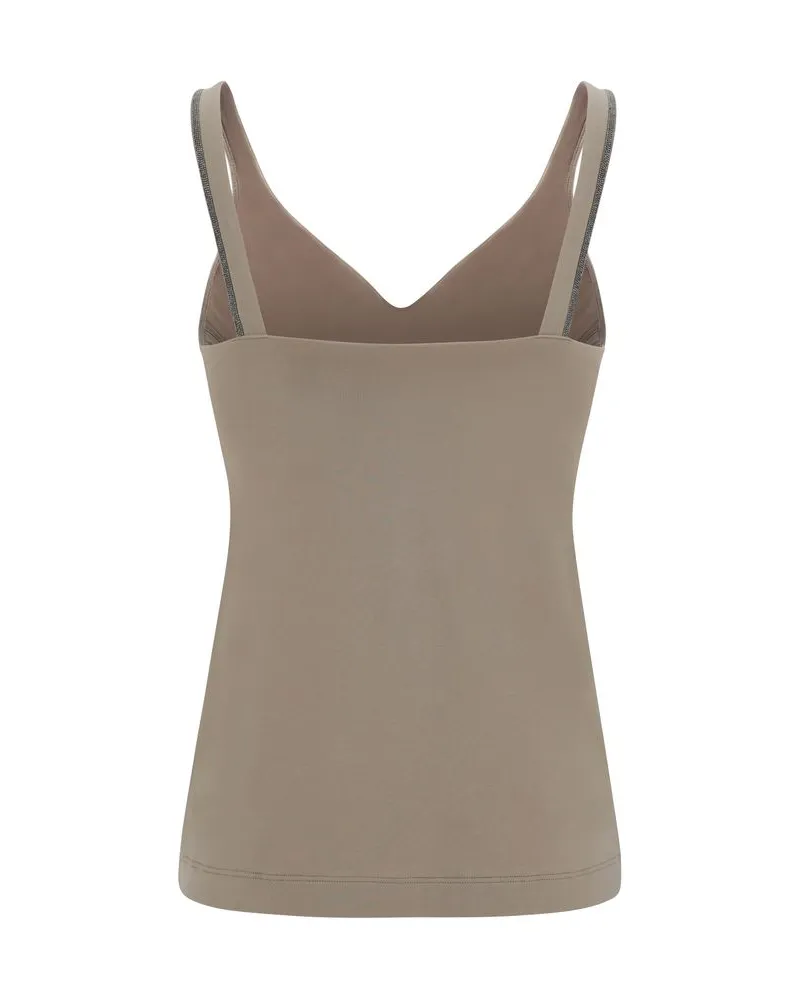 Brunello Cucinelli Women's Beige Cotton Sleeveles T-Shirt Beige