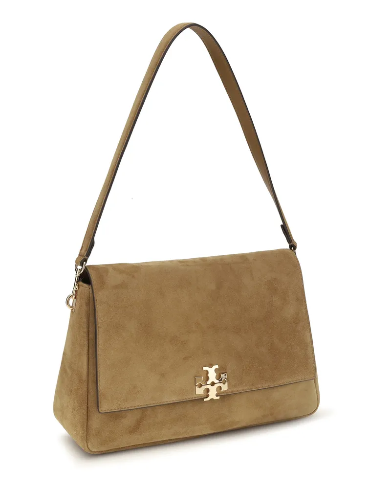 Tory Burch Women's Charlie Suede Shoulder Bag Toffee Calf Leather Bos Taurus Beige