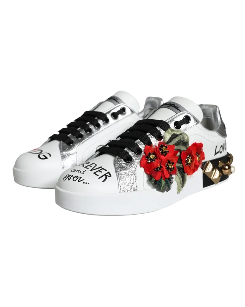 Dolce & Gabbana Women's White Leather Floral Studded Sneakers Shoes White