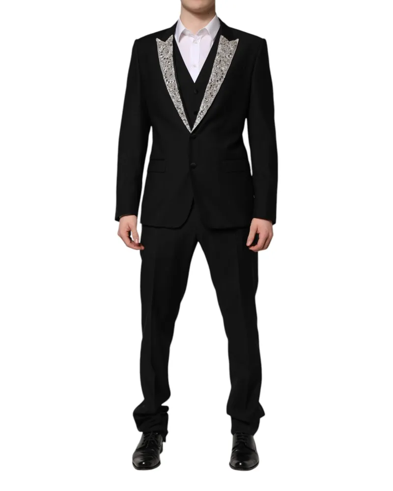 Dolce & Gabbana Men's Black Martini Crystal Embellished 3 Pc Suit Virgin Wool Polyester Silk Black
