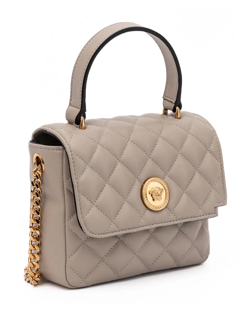 Versace Women's Taupe Quilted Leather Handbag Beige Bag Taupe